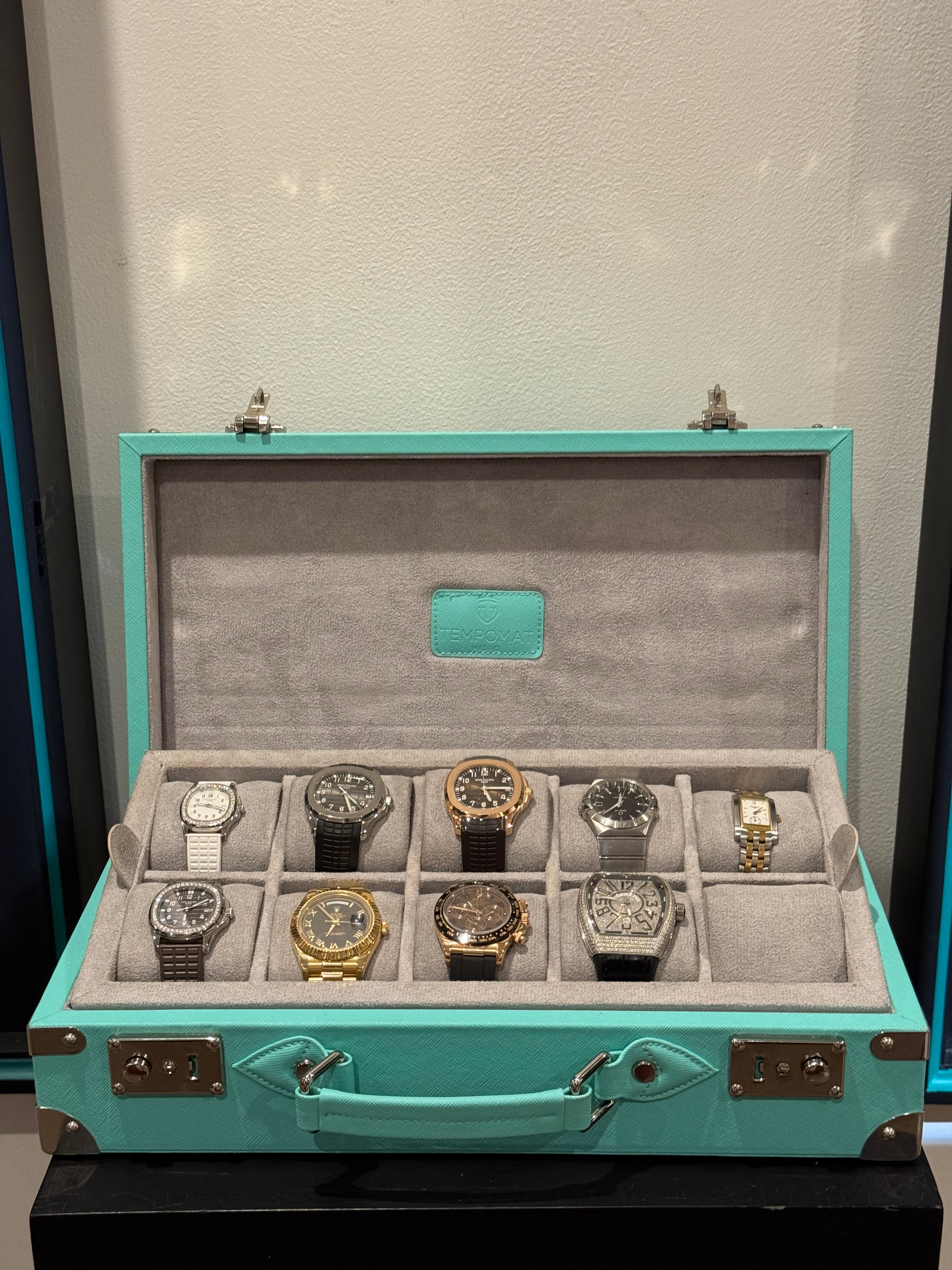 Türkisener (Tiffany) Saffiano Leder Uhrenkoffer für 10 Uhren
